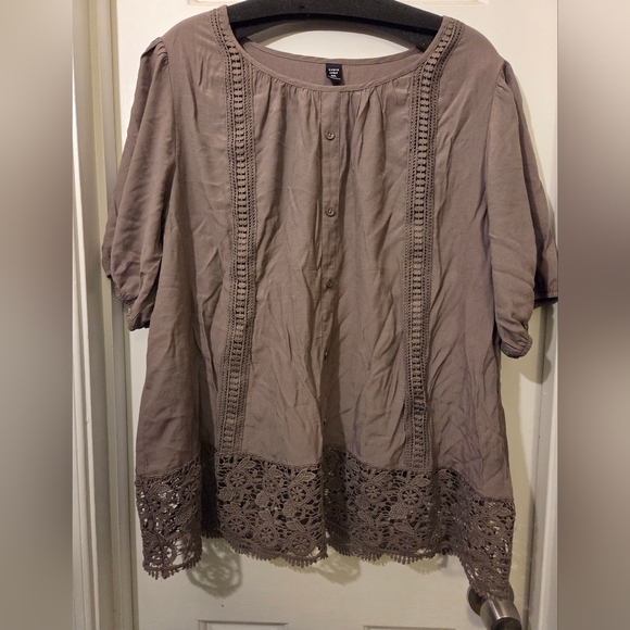 SHEIN Curve Taupe Lace Trim Blouse Top Shirt. Size 3XL - Picture 3 of 5